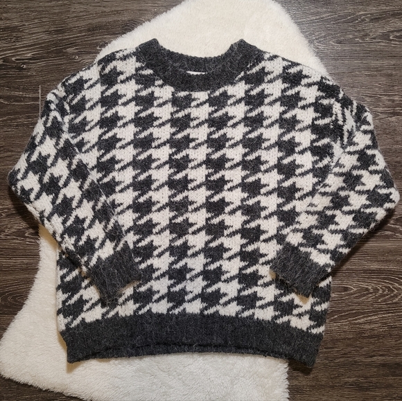 Oak + Fort Houndstooth Wool Blend Sweater in Charcoal Grey and White Sz M - Picture 2 of 7